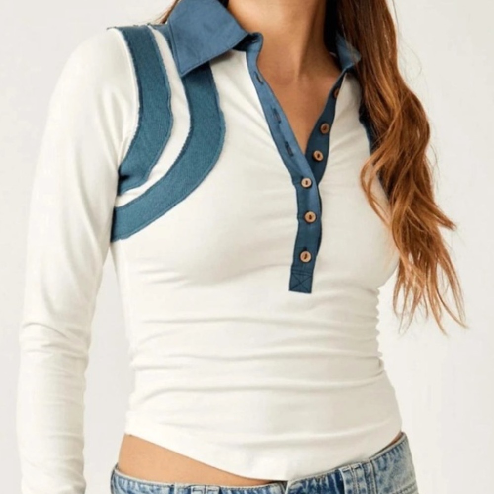 Free People Blue and White Long Sleeve Top